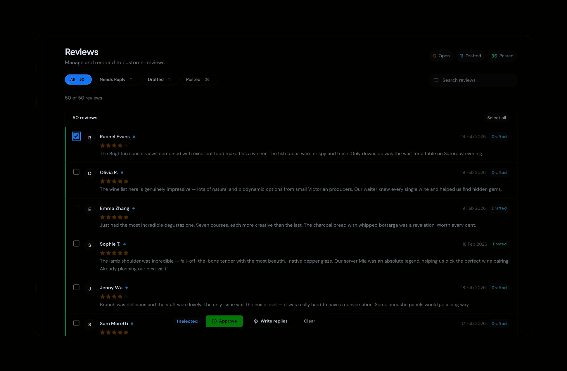 Reviews stream in automatically